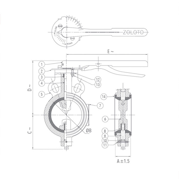 1078B Butterfly Valve (Wafer Type), PN 1.6 with S.S 304 Disc Design