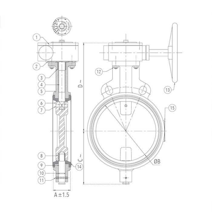 1078C Butterfly Valve (Wafer Type), PN 1.6 with S.S 304 Disc - Gear Operated Design