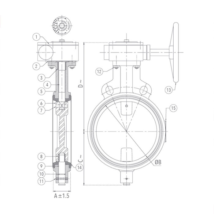1078H Butterfly Valve (Wafer Type), PN 2.5 with S.G Iron Disc - Gear Operated Design