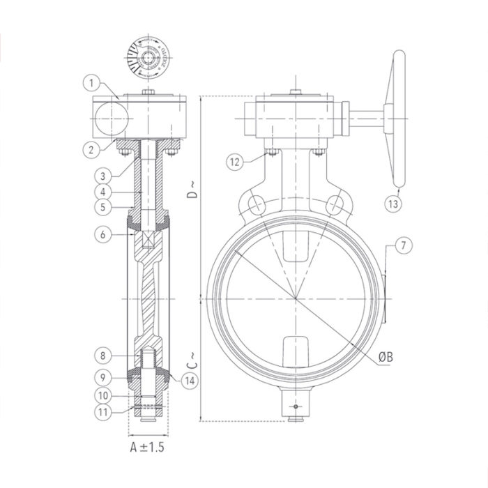 1078J Butterfly Valve (Wafer Type), PN 2.5 with S.S 304 Disc - Gear Operated Design